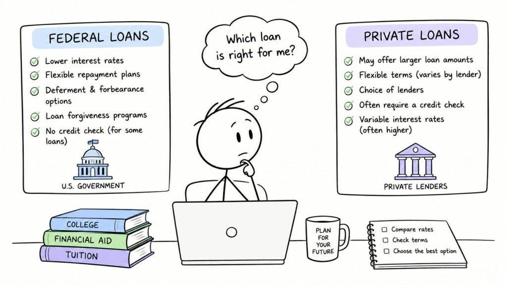 Student comparing federal and private student loans for college